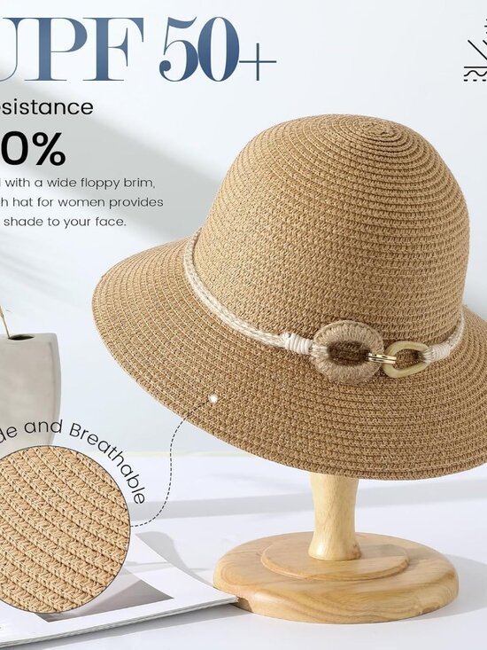 Women\'s Beach Sun Straw HatsUPF 50+ UV Sun Protection Wide Brim Buckle Khaki main image 5